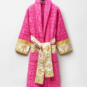 Versace Kids Hot Pink Logo Terry Robe with Gold-Patterned Trim